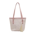 Borsa a secchiello ricamata crema con manici rosa e motivo floreale jacquard donna - Rosa Con Pendente