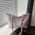 Sac fourre-tout à carreaux lilas avec motif jacquard floral et anses en cuir élégantes - Violet