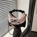 Borsa a tracolla in seersucker rosa e nera con fiocco, ciondolo a cuore e volant donna - Stile Rosa Nero Fiocco / Rosa