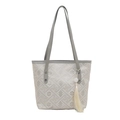 Borsa tote beige capiente con ricamo geometrico e ciondolo a nappa decorativa - Grigio Con Pendente