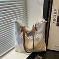 Grande borsa tote in tela grigia con stampa Summer, frange e manici in pelle marrone - Blu