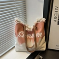 Borsa tote in tela tie-dye rosa e bianca con frange e manici in pelle marrone - Arancione