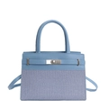 Light blue large capacity shoulder bag with smooth leather and textured fabric splice - Blue