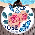 Rundes Strandtuch mit rosa Rosendruck, blauen Schmetterlingen und weißen Fransenborten - ROSE Dreams Schmetterling Rose (10)