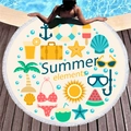 Round thick microfiber beach towel with summer cartoon patterns and fringe tassels - Summer Elements Illustration Style (1)