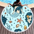 Round thick beach towel with cartoon mermaid tassels and ocean pattern for holiday - Blue Marine Mermaid Theme Style (4)