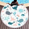 Round thick beach towel with cartoon sea animals, fringe edges and summer resort vibe - Cartoon Sea Life Whale & Octopus Style (10)