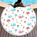 Round cartoon mermaid beach towel with white tassels on a wooden pool deck - Summer Cartoon Ice Cream & Parasol Style (12)