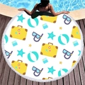 Round summer travel themed beach towel with tassels and vibrant vacation graphics - White Travel Pattern Style (8)