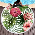 Round tropical beach towel with red hibiscus flowers and green monstera leaves with fringe - Red Hibiscus And Monstera Leaves (7)