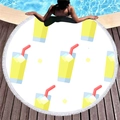 Round thick beach towel with cartoon drink print and white tassel trim on wood deck - Summer Drink Style (1)