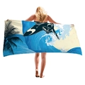 Thick microfiber beach towel featuring a surfer and palm tree illustration on blue waves - Surfing Illustration Style (4)