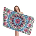 Teal and purple mandala geometric beach towel held by a model on white backdrop - Purple Cyan Mandala (12)