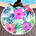 Round beach towel featuring pink hibiscus floral print and white tassel fringe edge - Tropical Hibiscus & Palm Leaves Style (2)