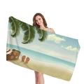 Asciugamano da spiaggia con foglie di palma, vista mare e design di valigia vintage - Stile Valigia Retro Elementi Spiaggia (11) / 150x75