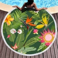 Thick round beach towel featuring tropical palm leaves and floral prints with white tassels - Dark Green Base Tropical Plant Print (9)