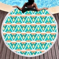 Rundes Strandtuch mit blau-orangefarbenem Geometriemuster und weißen Quasten - Lebendiger Ethno-Geometrischer Stil (7)