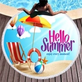 Round microfiber beach towel with mermaid cartoon summer theme and white fringe edges - Hello Summer Beach Illustration Style (5)