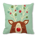 Close-up of a cartoon reindeer print on a soft green peach skin fabric cushion cover - Christmas Reindeer with Antler Ornaments Style(16) / 45x45cm