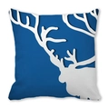 Close-up of a square cushion cover with a white reindeer head print on navy blue fabric - 45x45cm / Dark Blue Background White Elk Head Silhouette