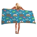 Navy blue beach towel with cartoon anchor, rudder, and sea creatures pattern - Dark Blue Cartoon Ocean Animals (11)