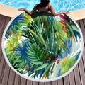 Round tropical leaf print beach towel with white tassels on wooden deck by pool - Watercolor Style Tropical Leaves (11)