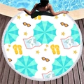 Round beach towel with summer travel print, cyan umbrellas and white tassels on wood deck - White Summer Print Style (6)