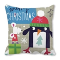 Detail of Christmas animal peach skin pillowcase showing texture and festive cartoon design - Penguin Mouse and Gift Box Beige Style(21) / 45x45cm