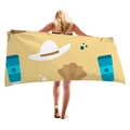 Dickes gelbes Strandtuch mit Sommerthema-Hüten und Muscheldrucken aus weichem Frottee - 150x75cm / Ingwerfarbener Strohhut (6)