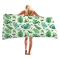 Thick beach towel with tropical green palm leaves and monstera over white and green stripes - 150x75cm / Striped Background Tropical Leaves (10)