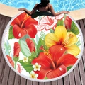 Round beach towel with tropical hibiscus pattern and white fringe tassel edges - Red Yellow Hibiscus Combination (12)
