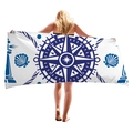 Navy blue compass and seashell print thick beach towel on a model for beach vacation - Compass Lighthouse Style (04)