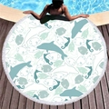 Round mermaid and sea creature beach towel with white tassels on a poolside wooden deck - Marine Life Dolphin & Seahorse Pattern Style (7)