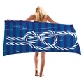 Blue nautical beach towel with white rope knot pattern held by a female model - Blue White Stripe Knot (05)