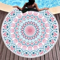 Pink and blue mandala round beach towel with fringe detail by a sunny swimming pool - Pink Blue Fresh Mandala (7)