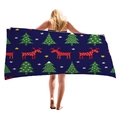 Toalla de playa de microfibra gruesa con estampados de renos navideños y copos - Estilo Mezcla Festiva Azul Oscuro