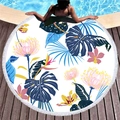 Round thick beach towel with tropical floral print, blue palm leaves and white tassels - Pink Orchid Palm Style (4)