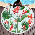 Round beach towel with tropical red flowers and green palm leaves on a wooden pool deck - Red Canna Palm Leaf Style (3)