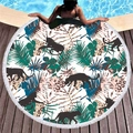 Round thick beach towel with tropical green leaves and black panther print with tassels - Black Panther Rainforest Style (4)