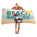 Dickes Strandtuch mit CHAMPIONSHIP BEACH Fußball-Cartoon-Druck auf blau-beigem Stoff - Strandfußball Meisterschaft Stil (3)