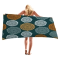 Bohemian beach towel with orange and white mandala patterns on a dark teal background - Dark Teal Mandala Totem Style (4)
