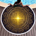 Round beach towel with golden mandala pattern and white fringes on pool deck - Dark Purple Gold Art Style (8)
