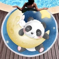 Rundes Strandtuch mit Blumenmuster, Quasten, Panda und Mond auf Holzterrasse - Panda Mond Sternenhimmel Stil (6)