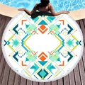 Rundes Strandtuch mit geometrischem Federmuster und weißen Fransen am Pooldeck - Symmetrischer Blaugrün Orange Geometrischer Stil (11)