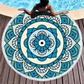 Blue mandala round beach towel with white tassels on a wooden deck by the pool - Blue Cyan Geometric Concentric (9)