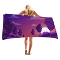 Thick microfiber beach towel with purple landscape illustration and sunset design - 150x75cm / Purple Landscape Print Style (1)