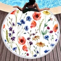 Rundes Strandtuch mit weißen Quasten und buntem Blumenmuster aus Mohn und Gänseblümchen - Vintage Mohnblumen Stil (7)