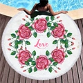 Round beach towel with pink rose wreath and Love print featuring white tassel fringe - Rose Garland & Love Text Style (11)