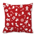 Nahaufnahme des roten Weihnachtskissenbezugs mit weißen Motiven auf dichtem Gewebe - 45x45 cm / Hellroter Voller Weihnachtselemente (38)