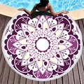 Purple and yellow mandala round beach towel with white fringe tassels on wooden pool deck - Purple Symmetrical Bohemian (11)